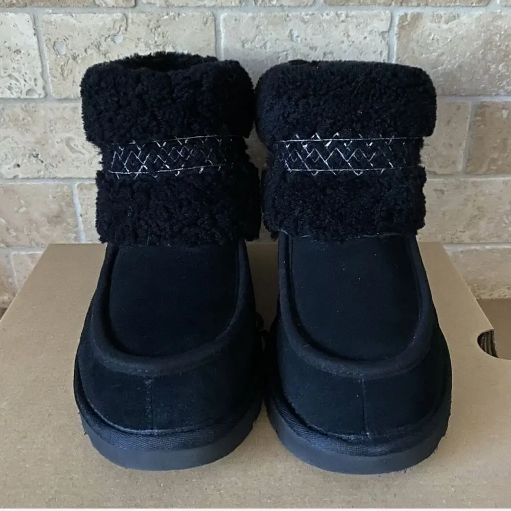 UGG BLACK MINI UGG BRAID SUEDE/ SHEEPSKIN WINTER BOOTS, WOMEN US 7/ EUR 38 NIB